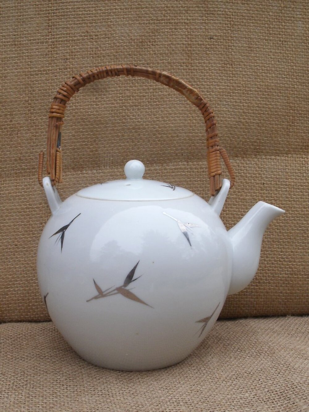 Vintage Otagiri Brushstroke Bamboo Teapot Rattan Handle